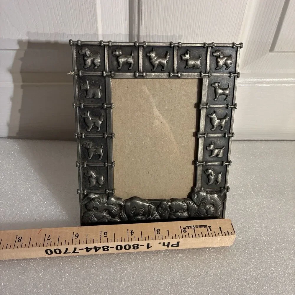 Pewter Picture Frame W/4 Dogs Faces & Trimmed W/ Dog Silhouette & Bones. 4”x6”